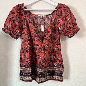 Madewell Womens V-Neck Puff-Sleeve Peplum Top Blouse XXS Cavoli Floral Red
